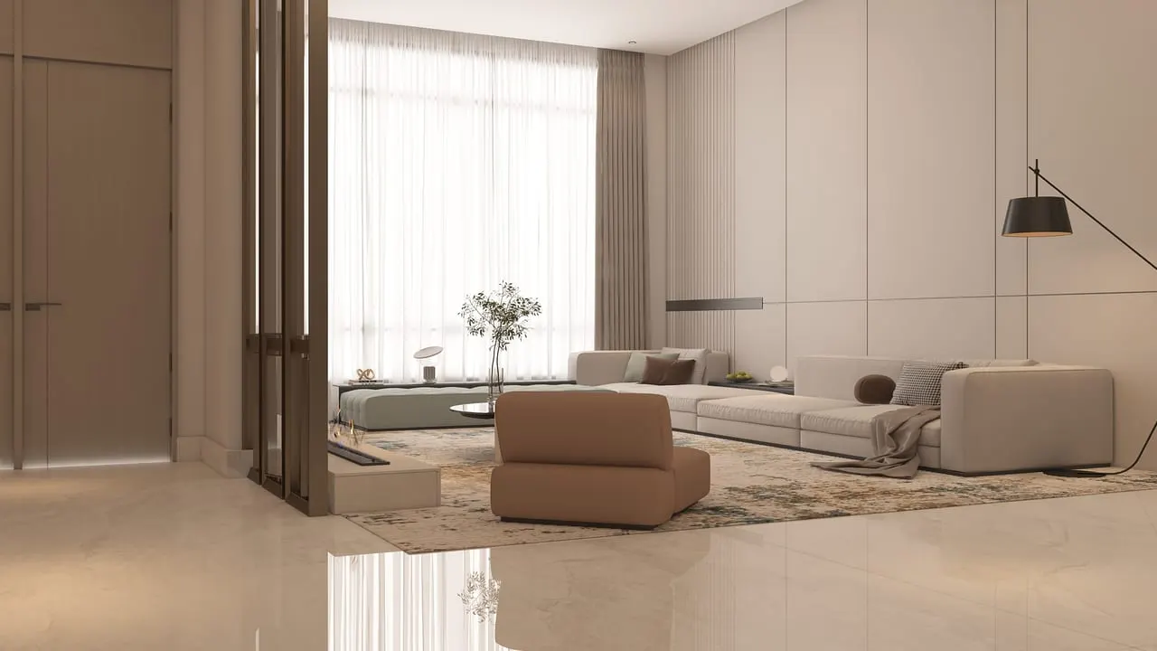 AUREA Villa family living room. 3D visualisation of residential design work.
