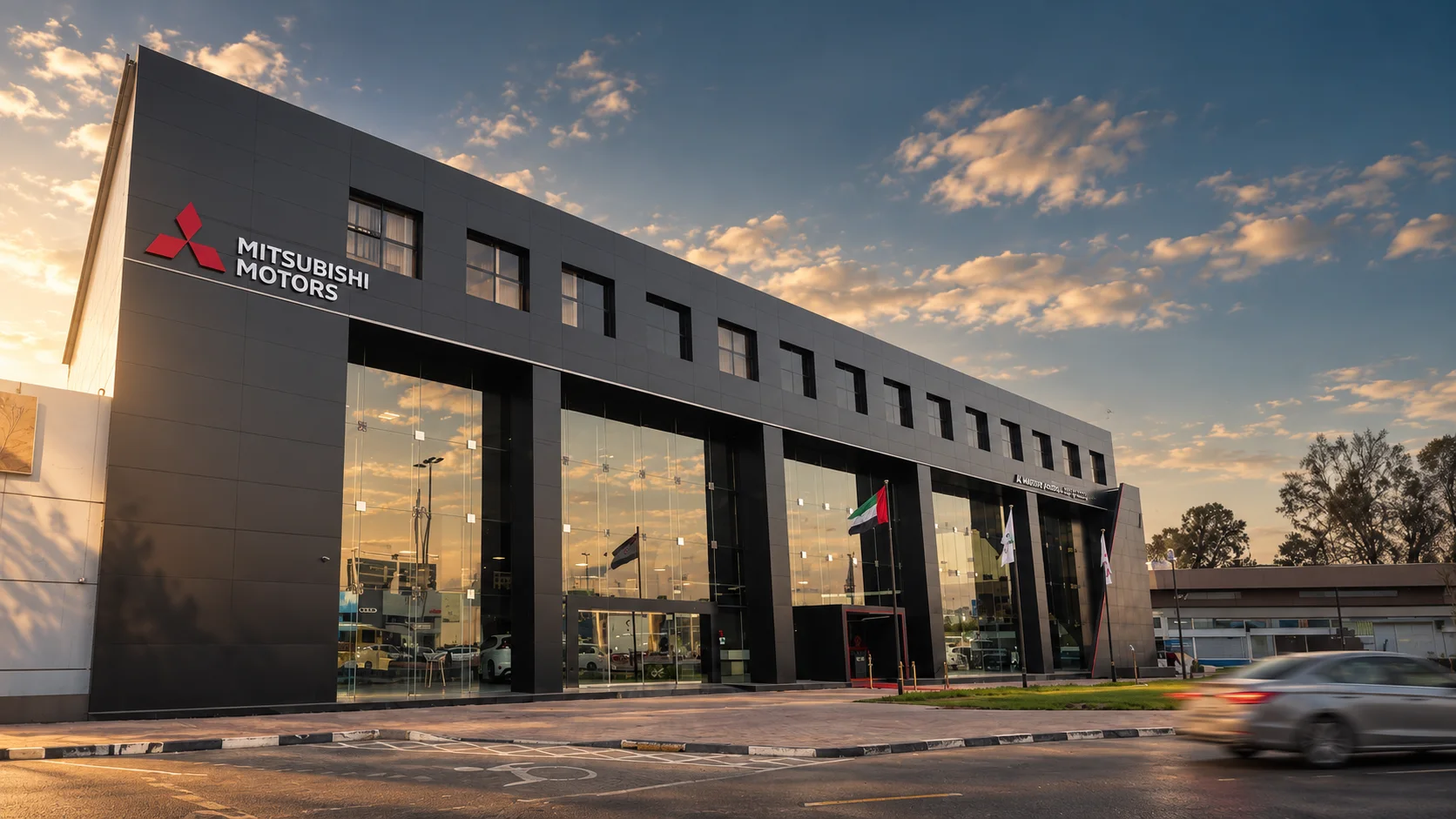 Mitsubishi Motors showroom with a charcoal facade, warm window reflections and a motion-blurred passing car. Approved AI-generated photographic interpretation.