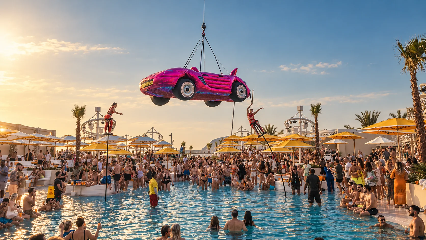 O Beach pool event in warm afternoon light, with a suspended pink car, aerial performers, orange parasols and a lively crowd. Approved AI-generated photographic interpretation.