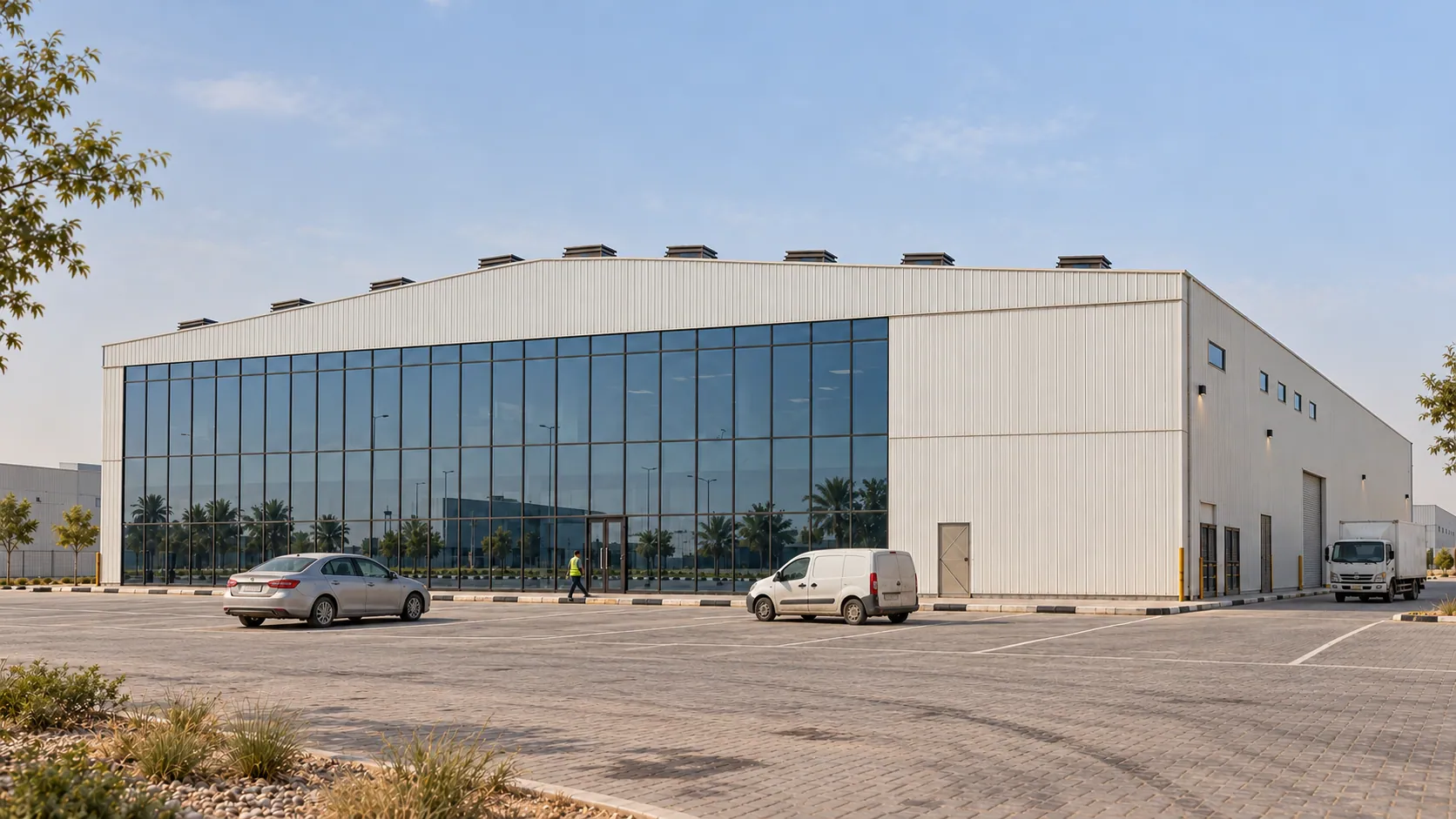 Drawing-based visualisation of an industrial production facility in Dubai Production City, with a glazed frontage and service vehicles.