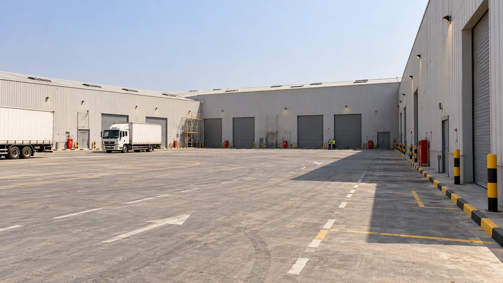 Drawing-based visualisation from inside an industrial factory and warehouse yard, with loading bays and delivery vehicles.