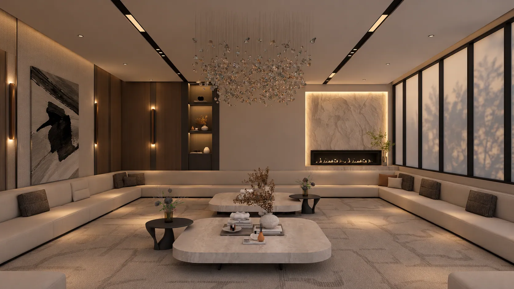Modern majlis with wraparound seating, a crystal chandelier and warm fireplace lighting. AI-refined architectural visualisation.