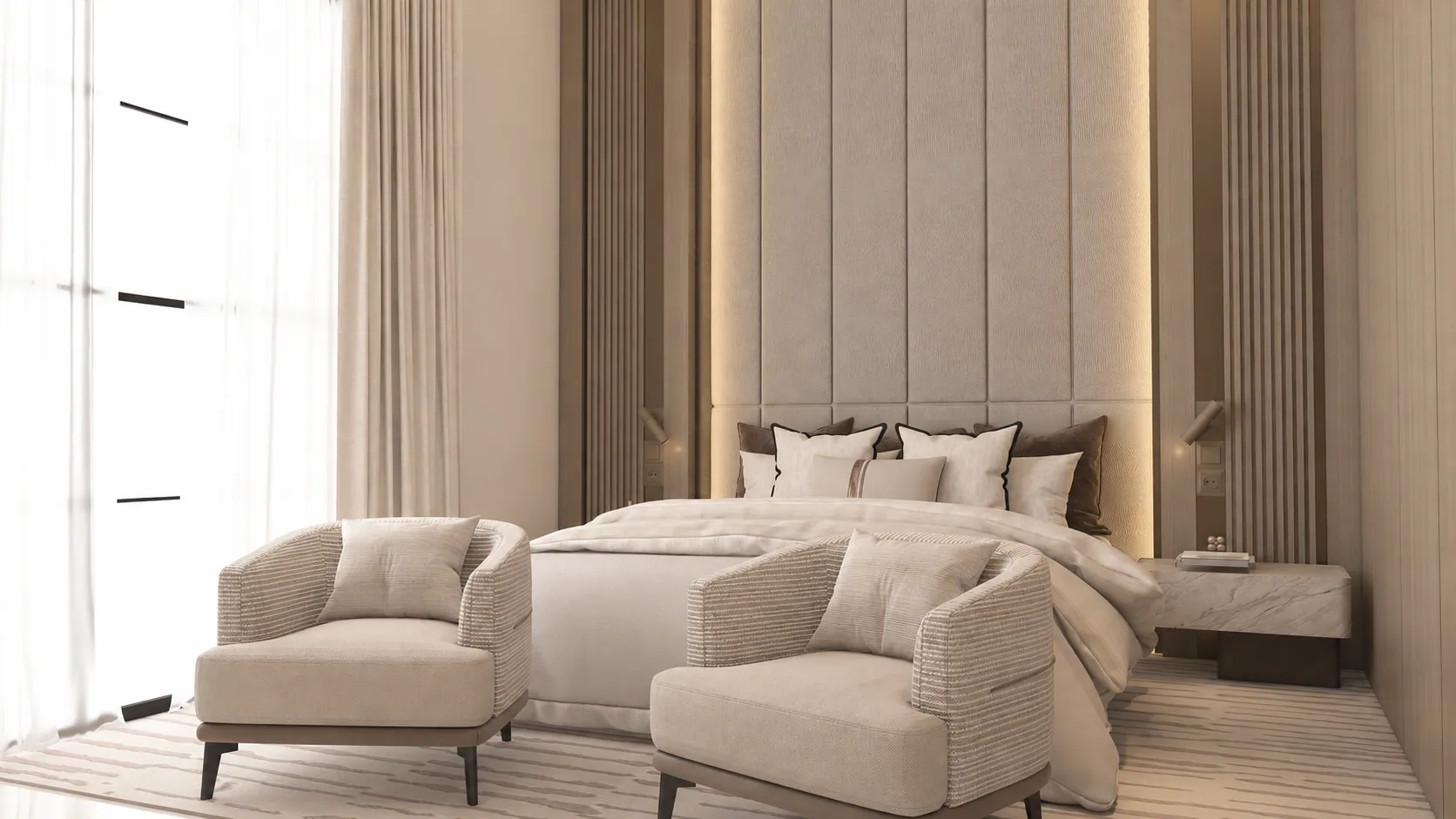 ELARA Residence, master bedroom. AI-refined architectural visualisation.