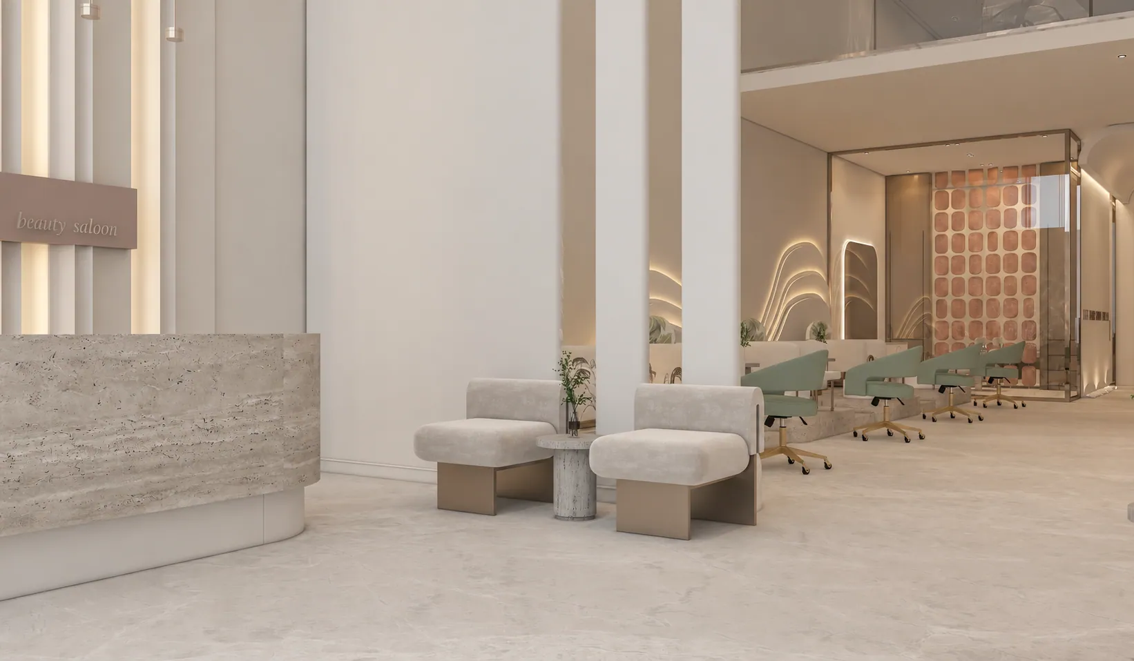 VIONA — Beauty & Wellness, reception and lounge. AI-refined architectural visualisation.