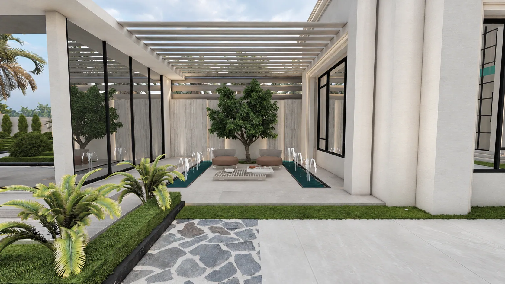 AUREA Villa, covered courtyard. AI-refined architectural visualisation.