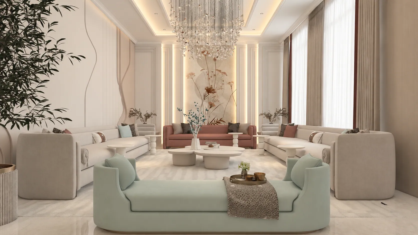 AUREA Villa, women’s majlis. AI-refined architectural visualisation.