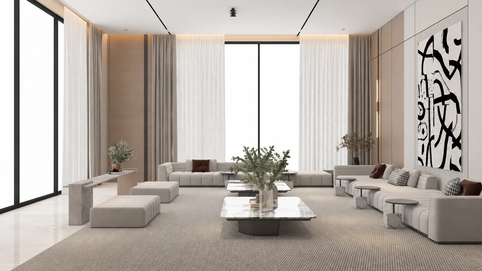 NOVA Retreat, living room. AI-refined architectural visualisation.