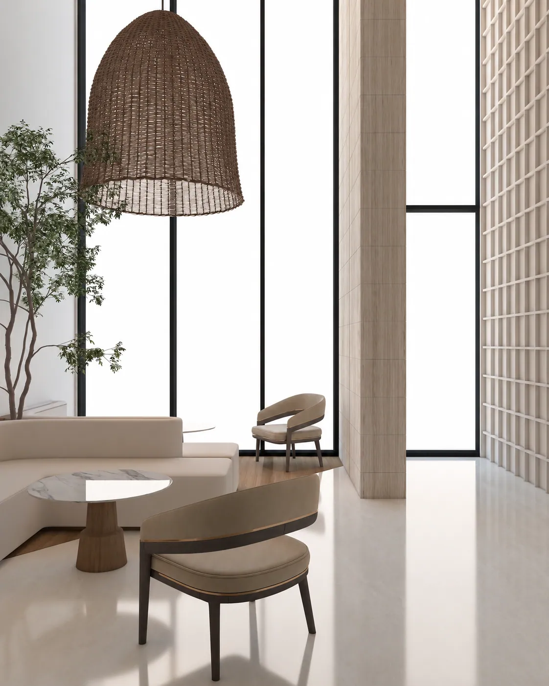 The Layered Café, window seating. AI-refined architectural visualisation.