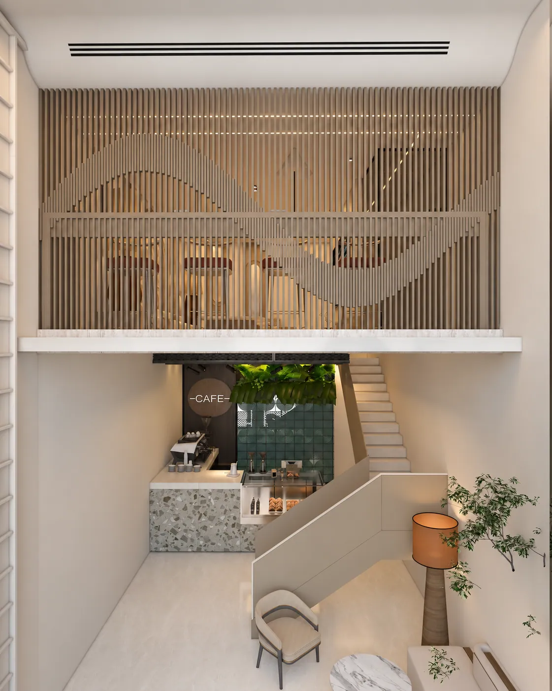 The Layered Café, double-height space. AI-refined architectural visualisation.