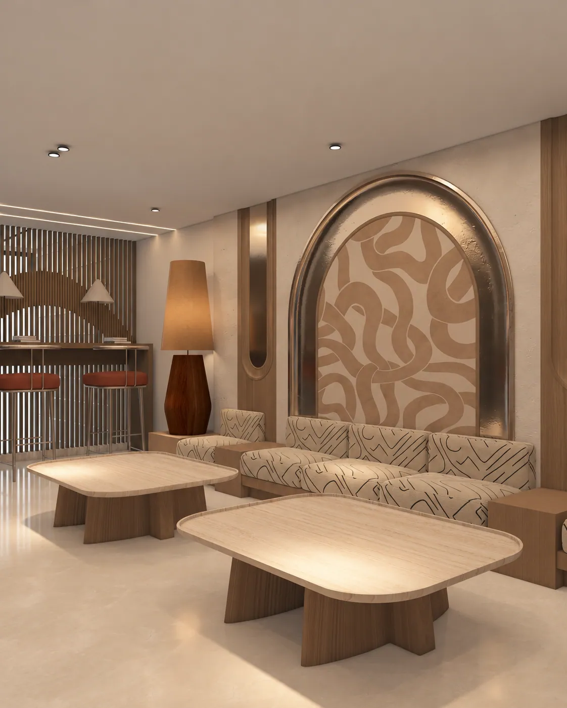 The Layered Café, upper-level lounge. AI-refined architectural visualisation.