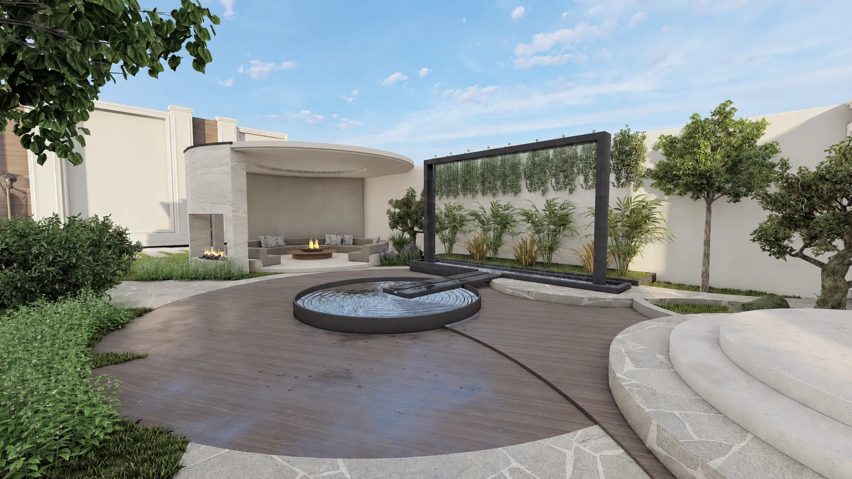 Private Residence Garden, pavilion and water feature. AI-refined architectural visualisation.