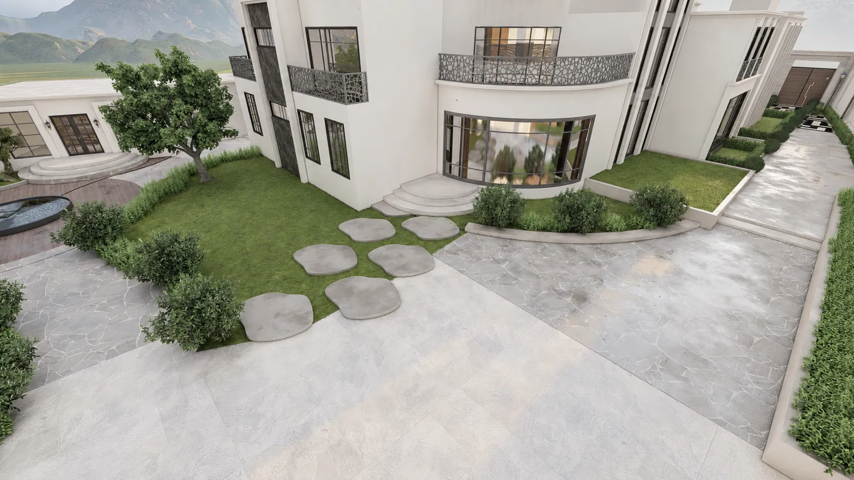 Private Residence Garden, garden and residence. AI-refined architectural visualisation.
