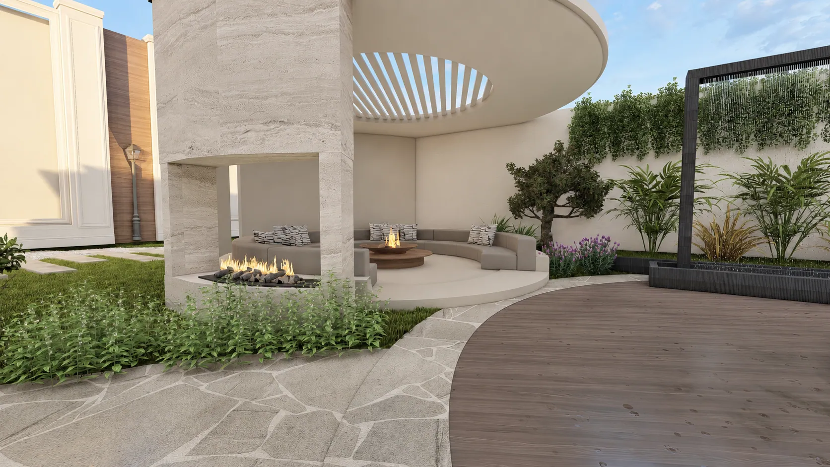 Private Residence Garden, pavilion and fireplace detail. AI-refined architectural visualisation.