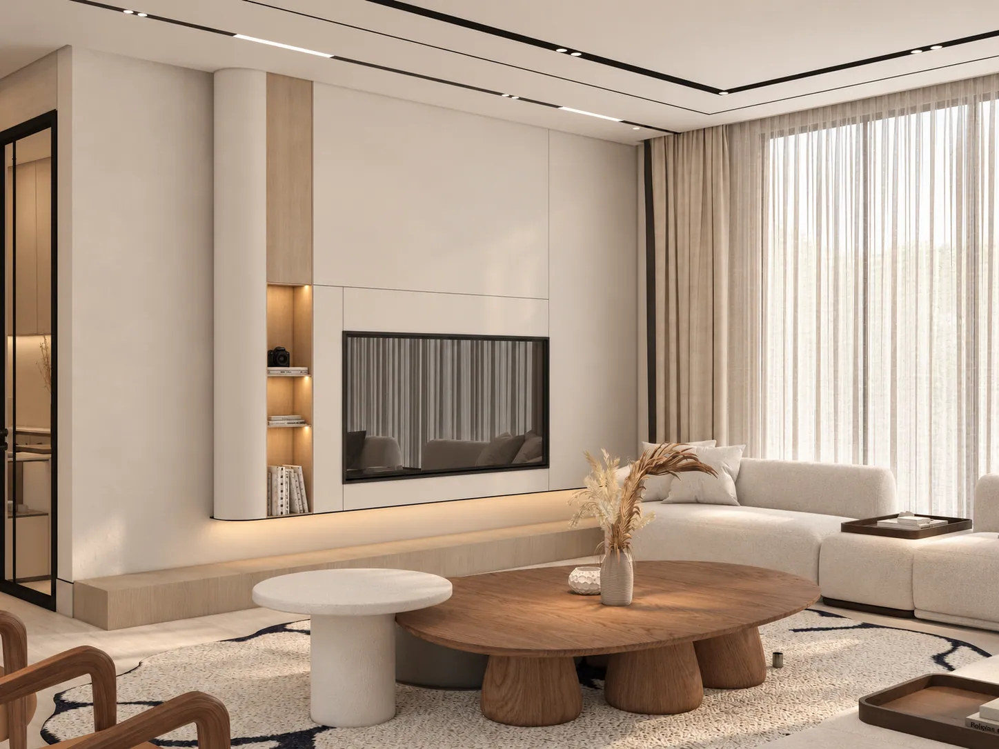 Soft Modern villa living room with timber tables and a cream sofa. AI-refined architectural visualisation.
