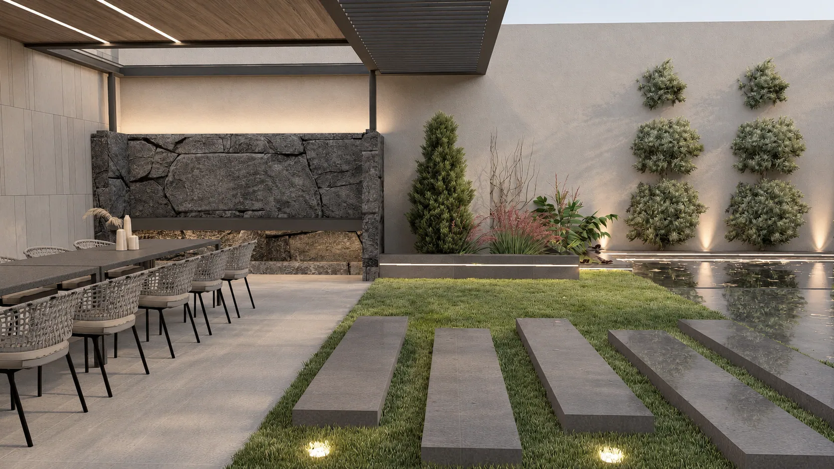 VERRA Retreat garden with a covered dining terrace, planting and stepping slabs. AI-refined architectural visualisation.