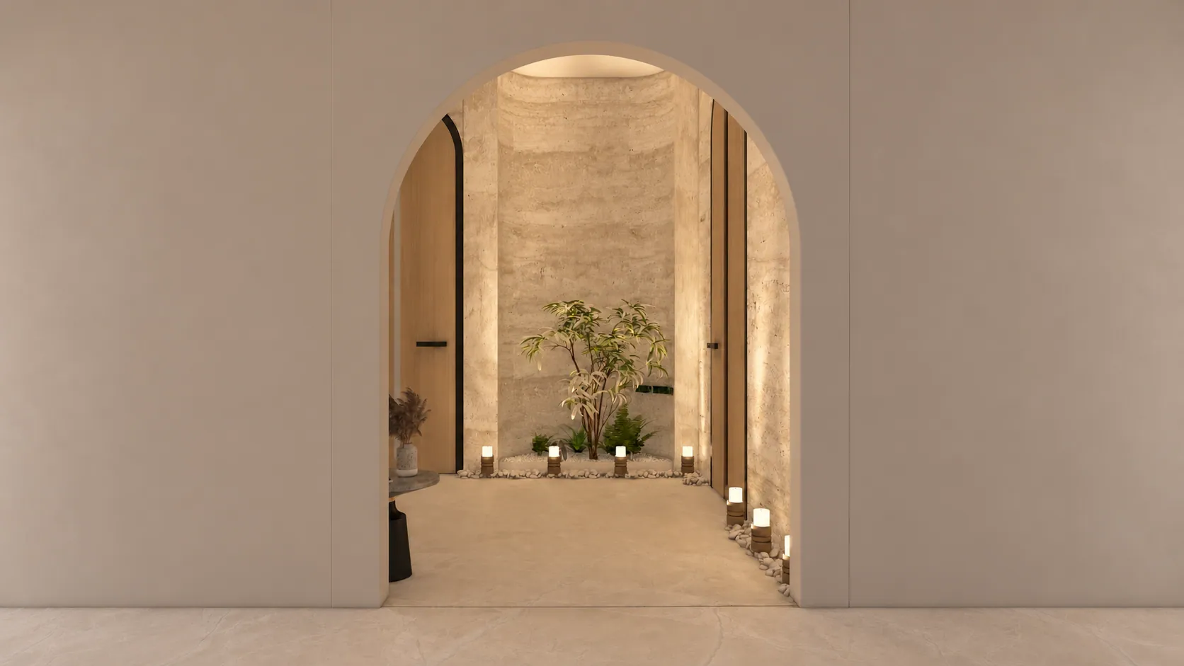 VIONA Beauty & Wellness, spa entrance. AI-refined and extended architectural visualisation.