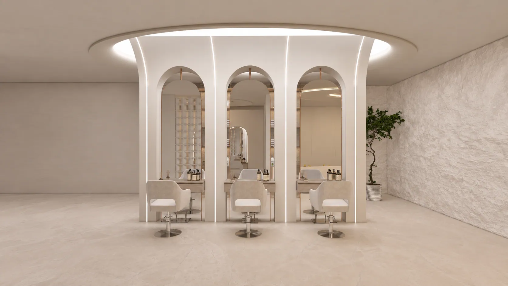VIONA Beauty & Wellness, three sculptural styling stations. AI-refined and extended architectural visualisation.