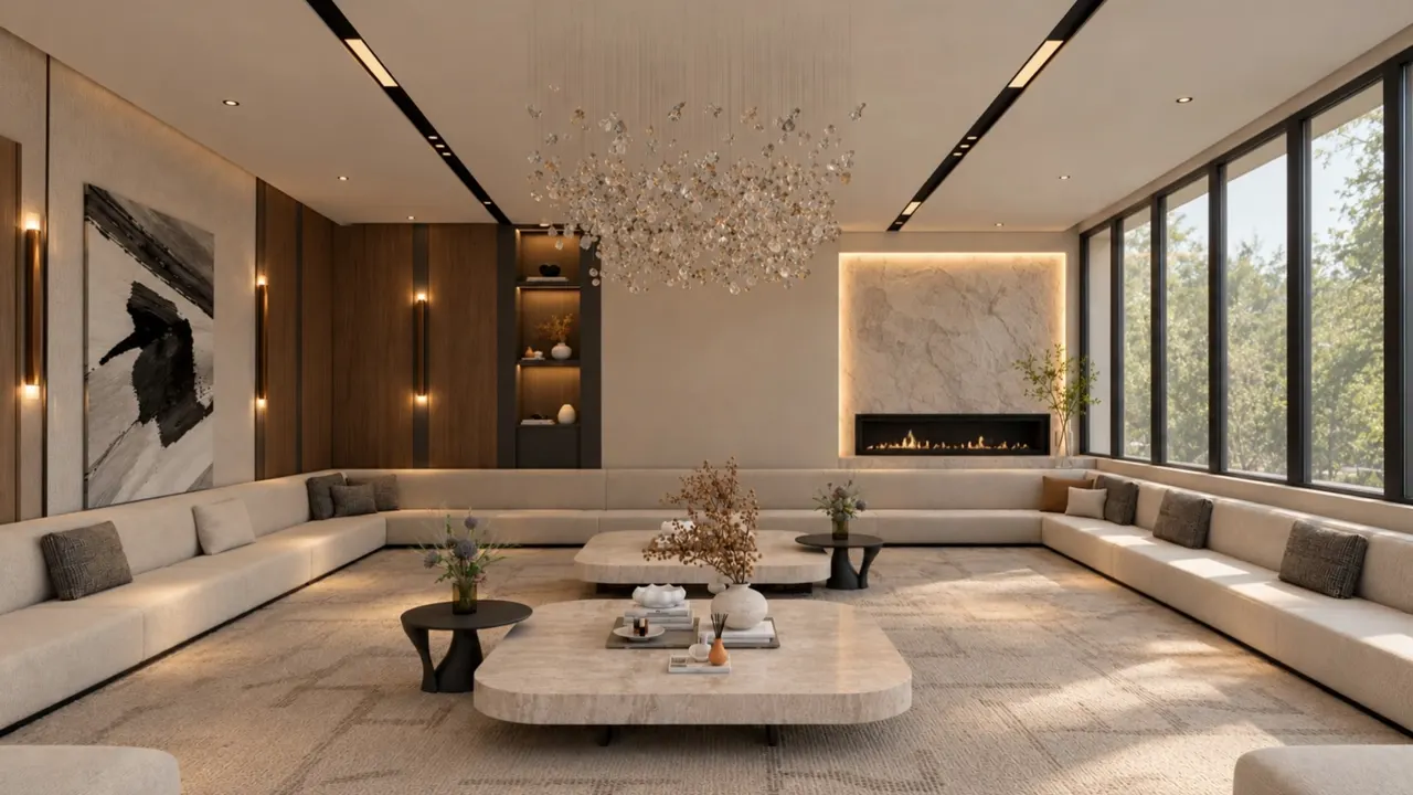 Modern majlis with wraparound seating, a crystal chandelier and fireplace. AI-generated architectural visualisation.